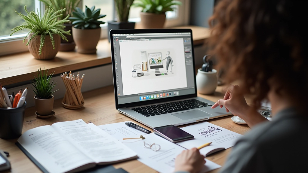 Creatieve werkruimte met design tools en portfolio voorbeelden