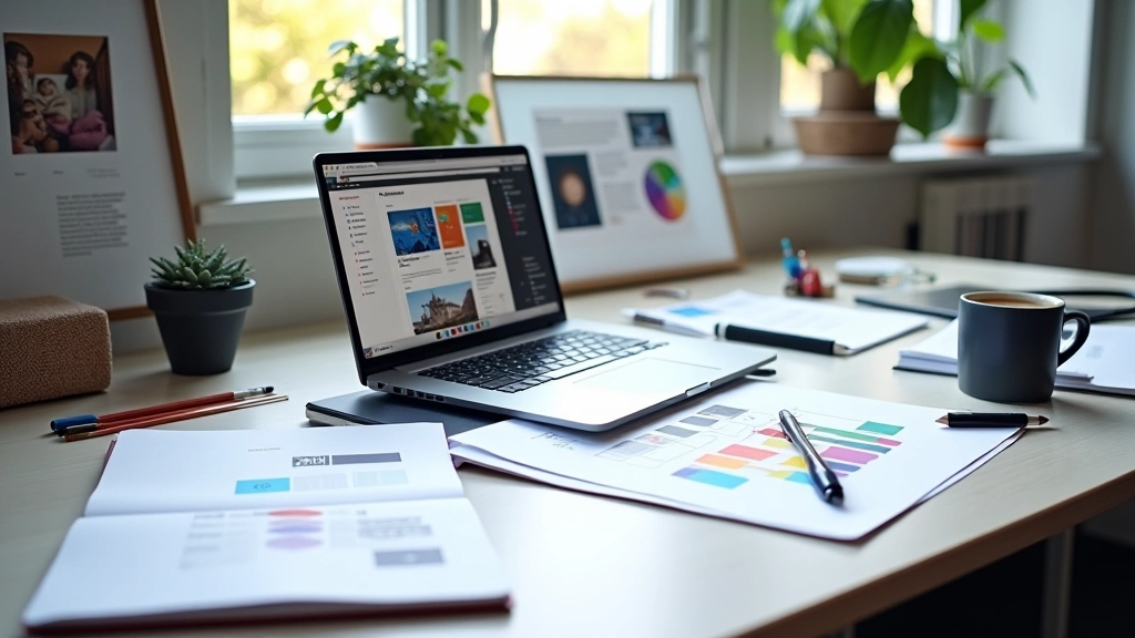 Werkplek met design tools, moodboards en identiteitselementen die in ontwikkeling zijn