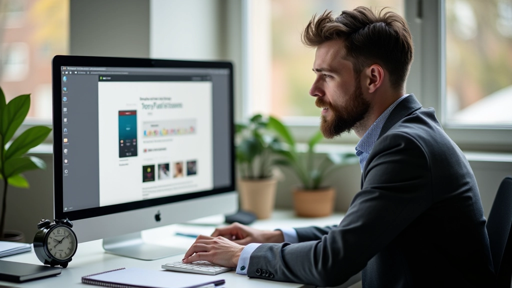 Designer presenteert portfolio werk op monitor met notities en schetsen