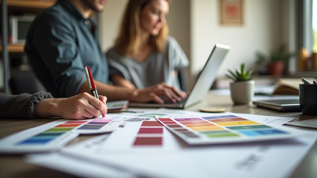 Designer aan het werk op grafische tablet met kleurenpaletjes en typografie-samples