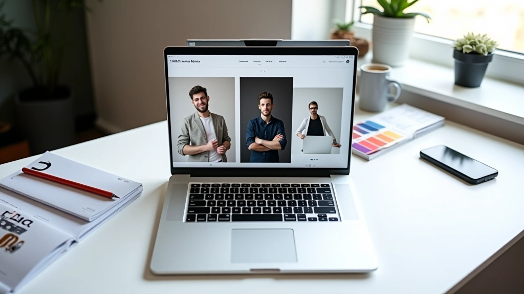 Laptopscherm met portfoliowebsite en design elementen op het bureaublad